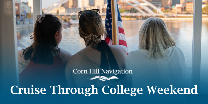 1 Three people on a boat with an American flag, city skyline visible, 'Cruise Through College Weekend' text.