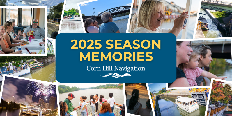 Collage of people enjoying boat trips with '2025 Season Memories, Corn Hill Navigation' text in center.